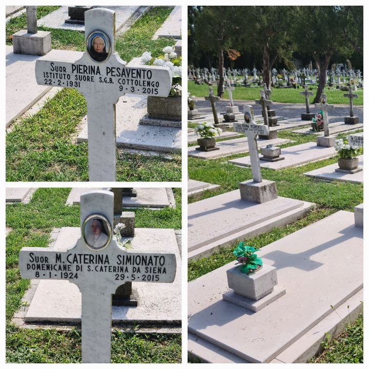 A collage of three photos. 1. The gravemarker (a simple cross) of Sr Pierino Pesavento born 22/2/1931, died 9/3/2015. The photo insert is of her in her nuns habit. 2. A photo of a cemeteary showing crosses on simply granite graves. 3 A cross marker engraved with Sr M Caterina Simionato, Domenicane di S Caterina da Siena. Born 8/1/1924. Died 29/5/2015. A photo insert shows her in a white habit and black veil