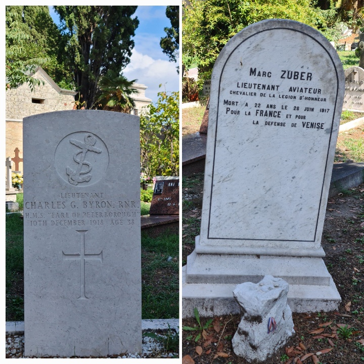 LHS = gravestone of Charles G Byron RNR - HMS - Earl of Peterborough 10 Dec 1918 aged 38. RHS. Mark Zuber, Lieutenant Aviator Chevalier de la Legion d'honneur. Died 22 years old 28 June 1917 for France and the defence of VEnice