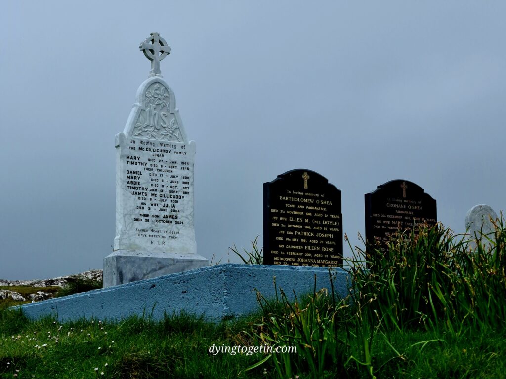 Three headstone. First is white with black inscription: In loving memory of the McGillicuddy family, Lohar. Mary, died 27 Jan 1944 Timothy, died 9 September 1946 Their Children Daniel died 17 July 1900 Mary died 8 June 1908 Abbie died 9 October 1927 Timothy died 13 Sept 1982 James McGillicuddy died 8 July 2001 His wife Julia died 21 June 2004 Their son James died 28 October 2021 Sacred heart of Jesus have mercy on them RIP> The second one, black marble with gold writing reads: In loving memory of Bartholomew O'Shea, Scart and Farranatee, Died 21st November 1966 aged 92 years. His wife Ellen M (nee Doyle) died 2nd October 1968 aged 92 years His son Patrick Joseph died 26th May 1991 aged 76 years His daughter Eileen Rose, died 4th February 2001 aged 83 years His daughter Johanna Margaret died 22nd April 2017 aged 96 years The third one, again black with faded gold lettering, reads: In loving memory of Crohane O'Shea, Farranatee, Died 20 December 1933 aged 89 years His wife Mary (nee Murphy) died 12th February 1937 aged (text hidden by grass) His daughter Bridie died 15th January 19?7