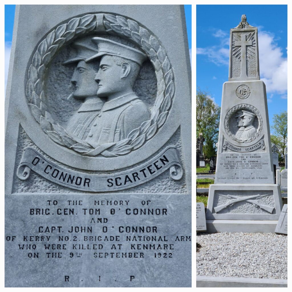 Two photos of the same headstone - the closeup shows a profile of two men in uniform - the text reads O'Connor Scarteen. To the emory of Brig. Gen. Tom O'Connor and Capt. John O'Connor of Kerry No. 2 Brigade National Army who were killed at Kenmare on 9th September 1922
