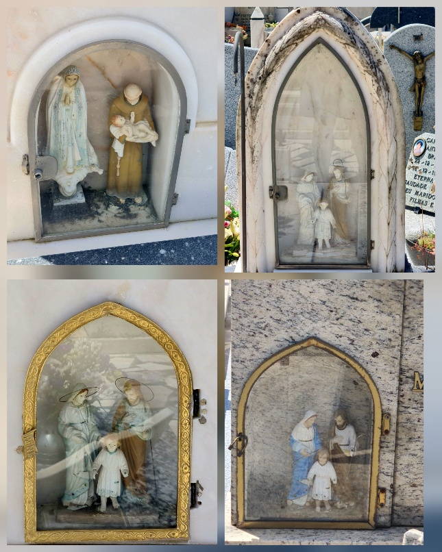 Four images showing glass-fronted niches in headstones displaying holy statues